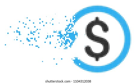 Dispersed refund dot vector icon with disintegration effect. Square pixels are organized into dissipated refund form. Pixel burst effect demonstrates speed and motion of cyberspace things.