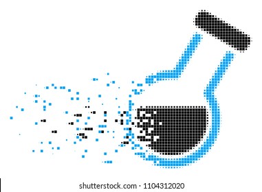 Dispersed retort dot vector icon with disintegration effect. Rectangular dots are grouped into dissipated retort form. Pixel explosion effect shows speed and motion of cyberspace objects.