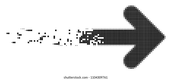 Dispersed right arrow dotted vector icon with disintegration effect. Square dots are combined into dispersed right arrow shape.