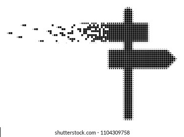 Dispersed road pointer dotted vector icon with disintegration effect. Rectangular fragments are composed into dissolving road pointer figure.