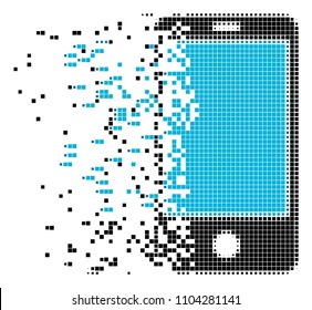 Dispersed smartphone dot vector icon with disintegration effect. Square pixels are combined into dispersed smartphone figure. Pixel disintegrating effect shows speed and motion of cyberspace concepts.
