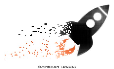 Dispersed space rocket launch dot vector icon with disintegration effect. Square cells are grouped into dissolving space rocket launch shape.