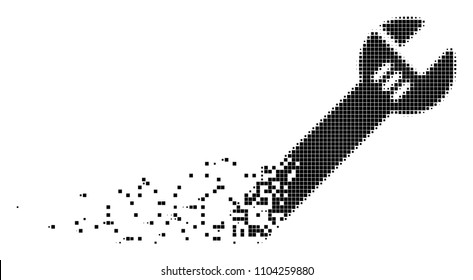 Dispersed spanner dot vector icon with disintegration effect. Rectangular points are organized into dissolving spanner form.