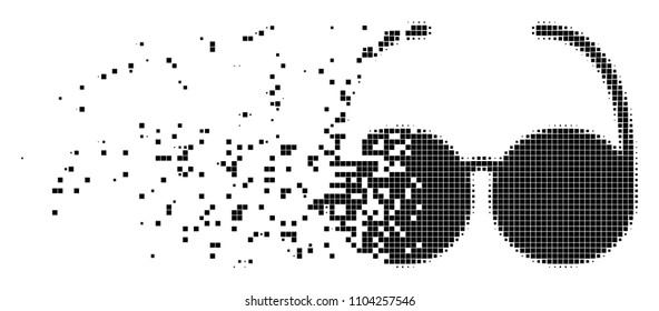 Dispersed spectacles dotted vector icon with disintegration effect. Rectangle particles are combined into disappearing spectacles shape.