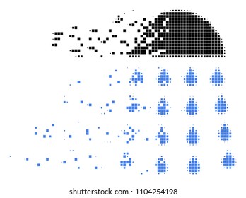 Dispersed spray stream dotted vector icon with disintegration effect. Rectangular cells are organized into disappearing spray stream shape.