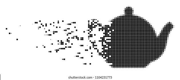 Dispersed teapot dotted vector icon with disintegration effect. Rectangle pixels are composed into dissolving teapot shape. Pixel destruction effect shows speed and motion of cyberspace concepts.