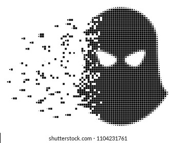 Dispersed terrorist balaklava dot vector icon with disintegration effect. Rectangular cells are combined into disappearing terrorist balaklava figure.