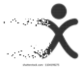 Dispersed x generation boy dotted vector icon with disintegration effect. Rectangle fragments are grouped into damaging x generation boy form.