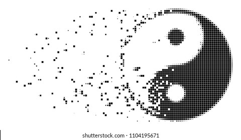 Dispersed yin yang dot vector icon with disintegration effect. Square elements are organized into dispersed yin yang figure. Pixel dissipation effect shows speed and movement of cyberspace items.