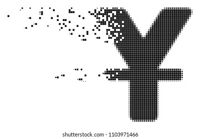 Dispersed yuan dotted vector icon with disintegration effect. Rectangle fragments are organized into disappearing yuan form.