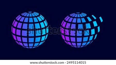 Dispersing globe made up of pixels can be used as a logo for tech companies or as a graphic element in the background to enhance futuristic style. world dissolving into air. Abstract geometric shape 