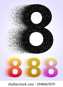 Dispersion effect of number 8, scattering circles and bubbles in black, gold, red and violet color