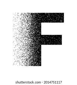 Dispersion exploding capital letter F in black color. Logotype dispersion letter capital R. Styled letter design for logo, label, luxury concept, jewelry, gold business or web page graphic elements.