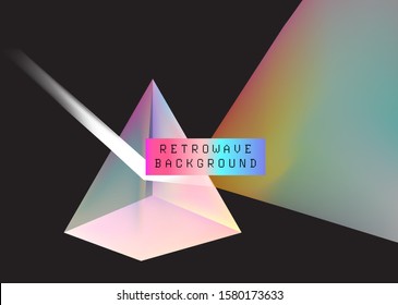 Dispersion of light with a glass prism splitting white light into the visible spectrum of colors. Retrowave and vaporwave 80s-90s style background.