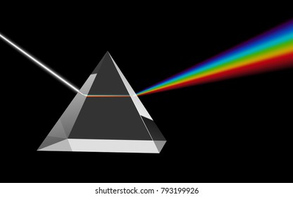 Dispersion of Visible Light Going through Glass Prism on Black Background. Optical Effect Educational Image. Vector Illustration.
