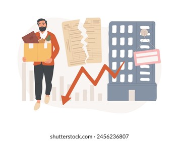 Displaced workers isolated concept vector illustration. Displaced job position, contract cessation, permanent worker laid off, bankrupt company, failed business termination vector concept.