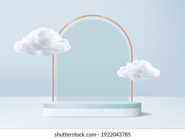 display 3d background products podium pedestal with cloud. podium blue background vector 3d render podium. stand to show cosmetic product. cloud 3d stage showcase on pedestal display blue sky studio