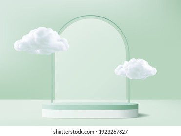 display 3d background products podium scene with cloud platform. background vector 3d rendering with podium. stand to show cosmetic products. cloud stage showcase on pedestal display green studio