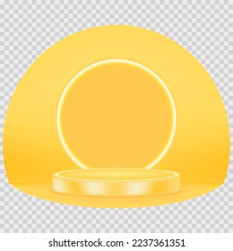 Display 3D cylinder pedestal podium with neon light on Yellow circle background,Vector Single isolate backdrop stand to place products for New Product Presentation, Promotion,Advertising or Sale