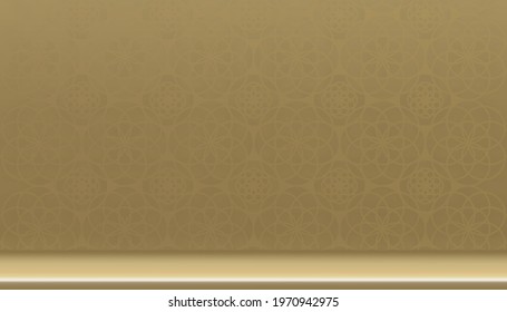 Display 3d Mock up empty studio room in golden lantern pattern wall background. Front view of empty Gallery Interior in yellow gold floor and wall, Minimal blank room,Vector Abstract background