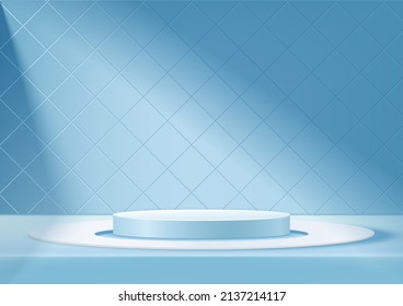 Display 3d podium product white and light blue with tile wall backdrop, promotional display design. Vector illustration