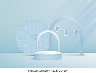 Display 3d podium product white and soft blue with circle backdrop and frame sqaure, promotional display design. Vector illustration