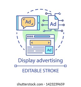 Display Advertising Concept Icon. Online Advertising Idea Thin Line Illustration. Social Media Ads. Digital Media Marketing. Online Content Display. Vector Isolated Outline Drawing. Editable Stroke