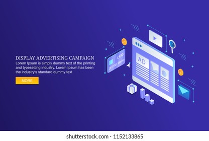Display Advertising, Digital Media Marketing, Digital Content Display Flat 3D Isometric Design Banner