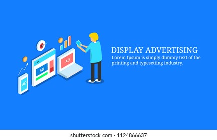 Display advertising on computer screen, internet banner ads, Digital advertising - flat style 3D isometric design