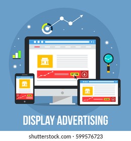 Display advertising through digital devices flat design vector illustration with icons