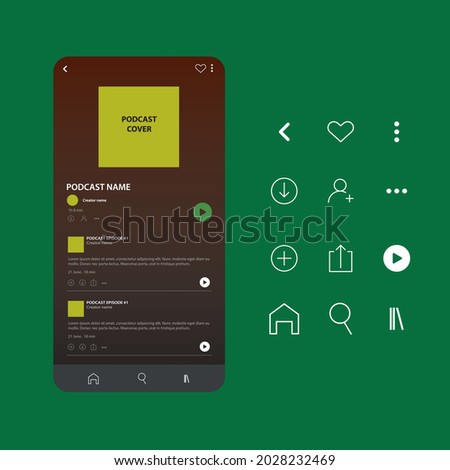 Display application apps for a podcast playlist, with two episodes on the screen. An isolated set of icons on green background. 