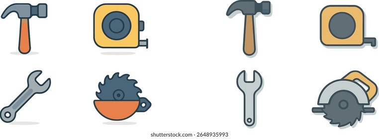 Display of an assortment of construction tools arranged in a grid pattern. Tools featured include hammers, tape measures, wrenches, and circular saws commonly used for DIY projects.
