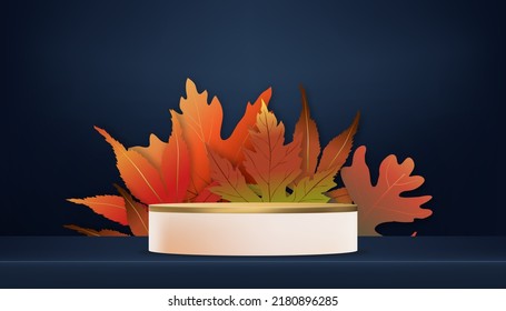 Display Autumn background Studio Room with 3D Podium Display Cylinder Stand with Maple Leaves on blue wall,Vector Abstract minimal design for backdrop shooting for Fall products promotion,Sale