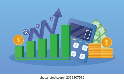 display bar chart on the calculator screen with silver coins and arrows rising.on blue background.Vector Design Illustration.
