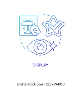 Mostrar icono de concepto de degradado azul. Visualización en la ilustración de línea delgada de ideas abstractas de marketing minorista. Ubicación del producto en el almacén. Dibujo de contorno aislado. Se usa una fuente Myriad Pro-Bold