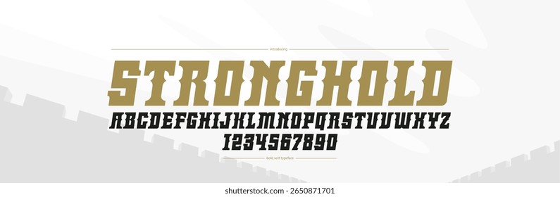 Display bold and strong font for emblems and logos, headers and titles, italic display typography in old vintage antique style of empire power, monumental and elegant typeface.