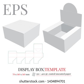 Display Box Template, vector with die cut / laser cut lines. White, clear, blank, isolated Display Box mock up on white background. Self lock, without glue Display Box, packaging design