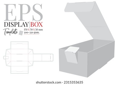 Display box template, vector with die cut, laser cut layers. Counter stand, header shelf box. White, clear, blank, isolated Display box mock up on white background with perspective view