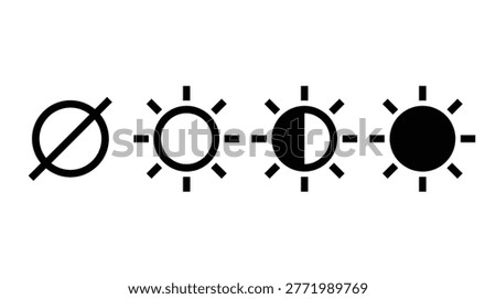 Display brightness settings collection, monochrome vector symbols for screen adjustment, intensity, contrast, and levels