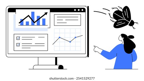 Display of business analytics on a computer screen alongside a woman pointing to insects. Ideal for business analysis, productivity improvement, statistical data, problem-solving in software