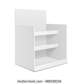 Display Cardboard Counter Shelf Holder Box POS POI Blank Empty. Mockup, Mock Up, Template. On White Background Isolated. Ready For Your Design. Product Advertising. Vector EPS10