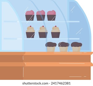 Mostrador con pastelitos, tres chocolatinas y tres con hielo rosa. Presentación de postres en panadería. Ilustración vectorial de la tentación dental dulce.