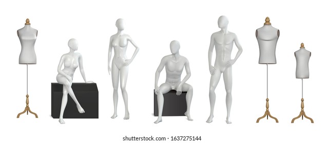 Display cases showcases full body sitting and standing mannequins tailor child adult dress forms realistic set vector illustration 