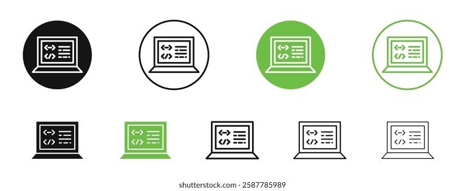 Display code icons in black and green colors collection