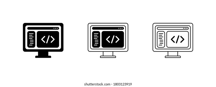 Display with coding bracket icon set. Vector.