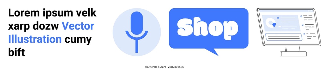 Display of communication elements such as a microphone, a shop sign, and a computer monitor with lorem ipsum text. Ideal for online shopping, communication, business, e-commerce, and digital