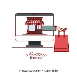 display computer with wallpaper inside with storage house and hand holding bag shopping e-commerce shop online on white background vector illustration