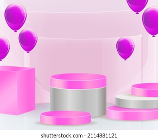 Display for cosmetic geometrical forms. Empty cylinder podium on minimal background. Design for product presentation. 3D vector