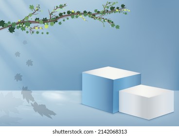 Display cube stand podium product light blue and white podium. Abstract 3D product background soft blue rendering with leaf scene. Stage for product. Vector illustration