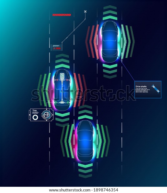 Display Design. Control panel design Automatic\
braking system avoid car crash from car accident. Concept for\
driver assistance systems. Autonomous car. Driverless car. Self\
driving vehicle.